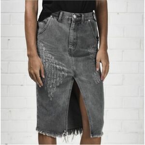 One Teaspoon Cadillac Gray Denim Jean Midi Pencil Skirt Sz 28 High Waist Distres